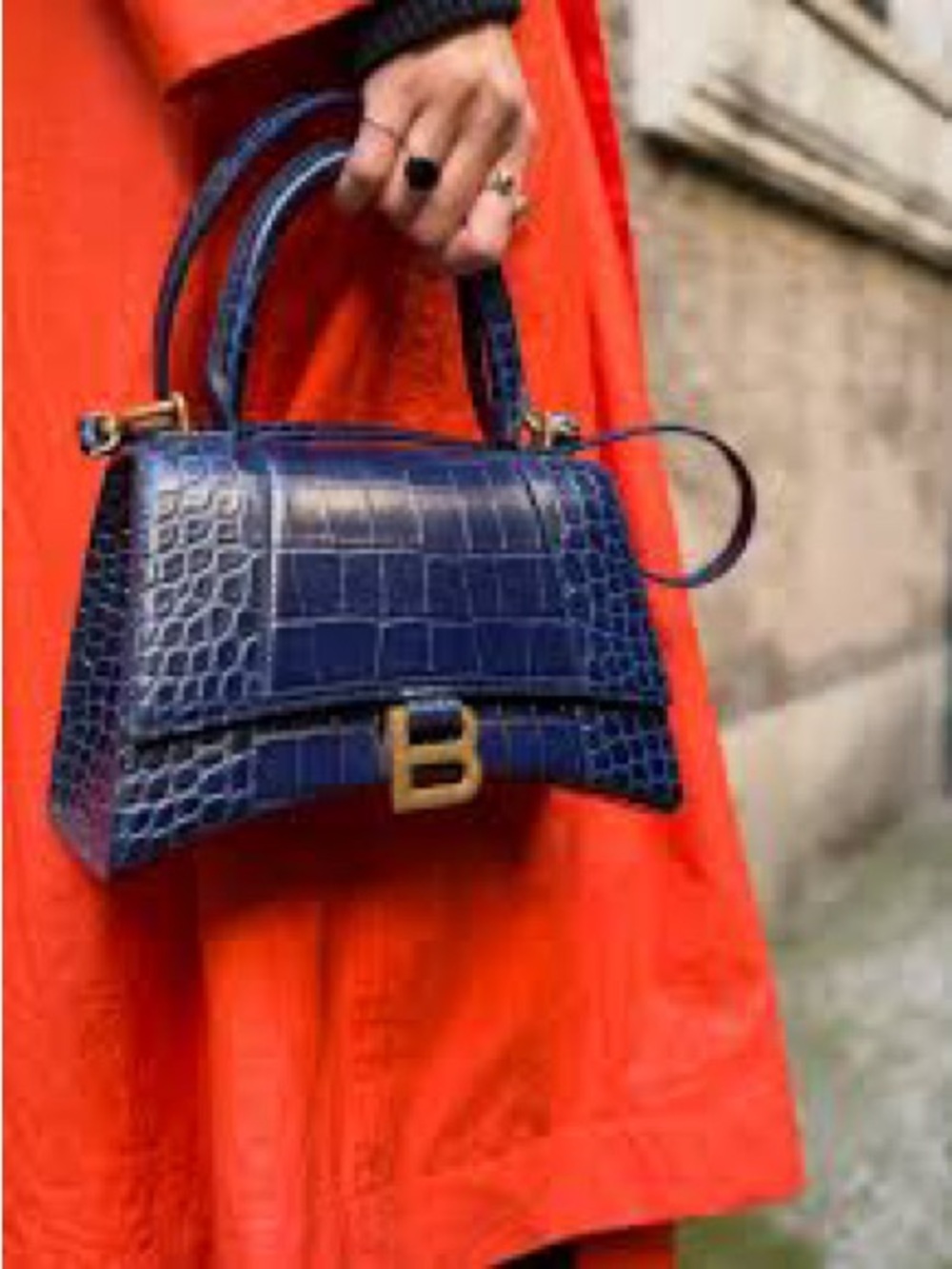 Balenciaga Navy Croc-Embossed Hourglass Top Handle Satchel with Gold Hardware